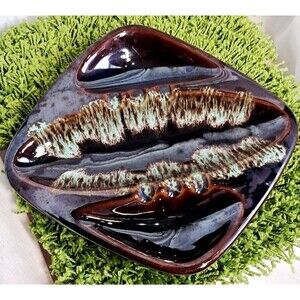 Vintage MCM Pottery Ashtray Brown Drip Glaze With Turquoise Blue 10x9